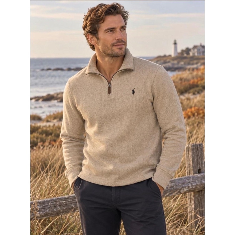Polo Ralph Lauren Mens Tan Beige Quarter Zip Ribbed Pullover Sweater Large